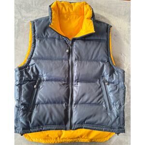 Vintage Down Puffer Vest Emergency Exit Mens XL Navy / Yellow Reversible Durable
